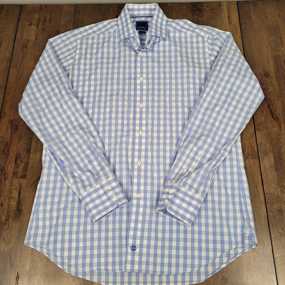 David Donahue Men's Blue and White Gingham Button-Front Dress Shirt 17 36/37